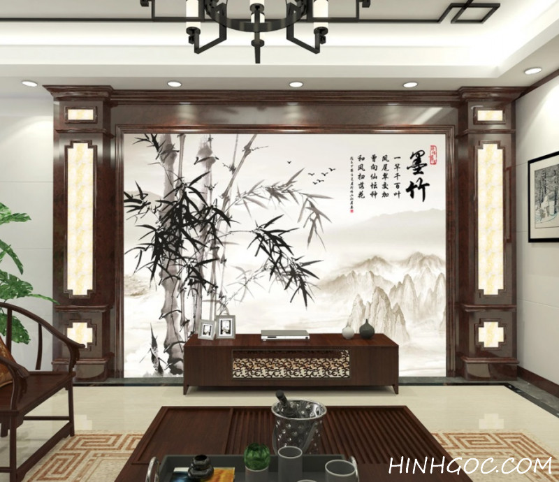 Hand-painted mural file of bamboo landscape and mountains in calligraphic style - HG171