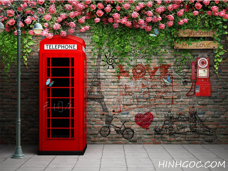 File background picture of rose brick wall climbing red phone box London - DT015