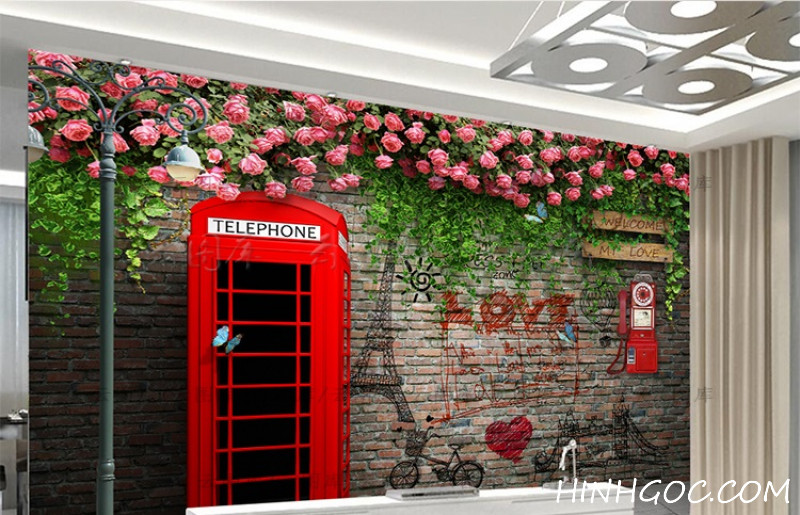 File background picture of rose brick wall climbing red phone box London - DT015