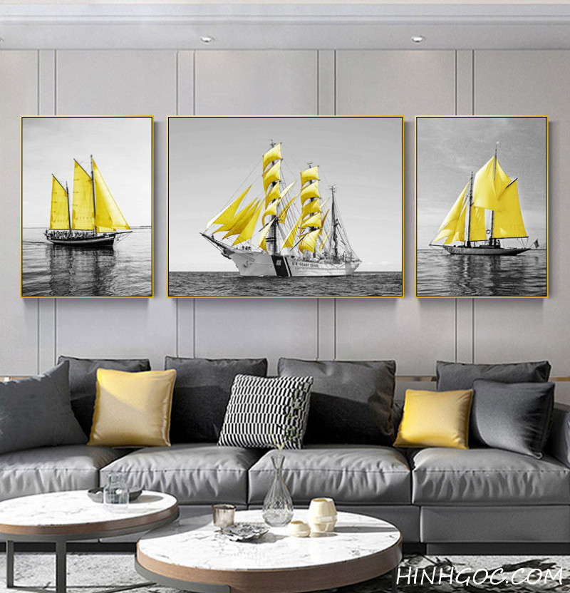 File of Nordic paintings of yellow sails on a black and white sea background - TH0002