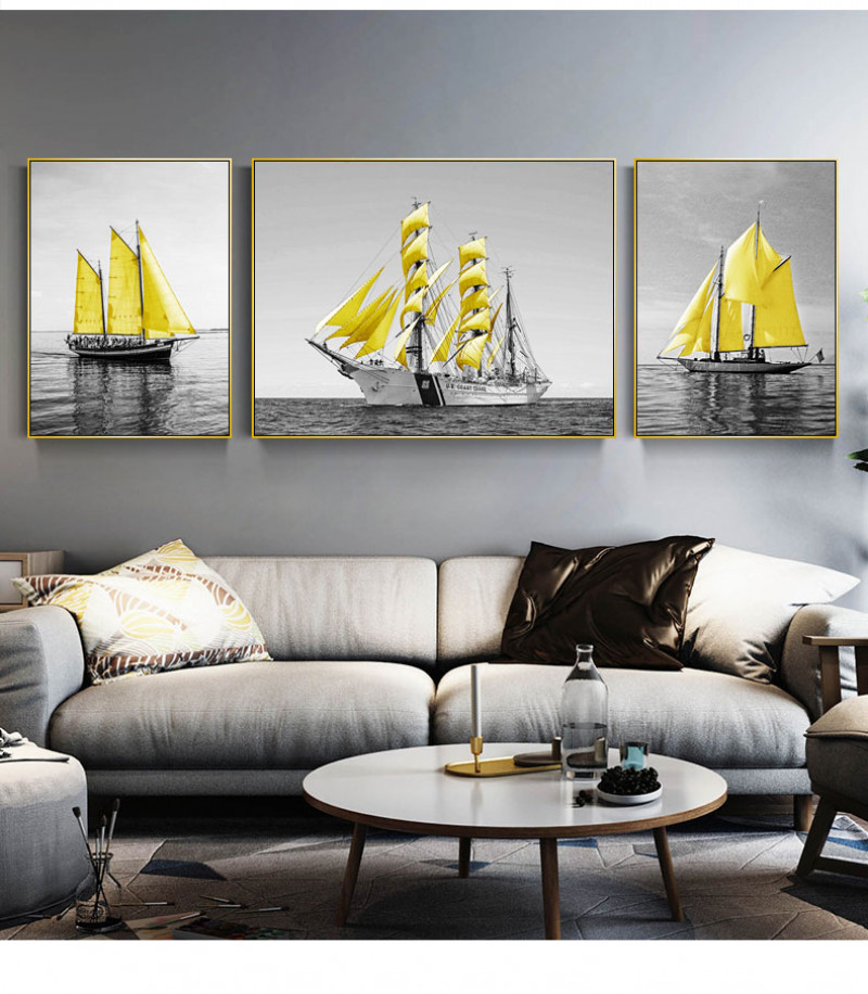 File of Nordic paintings of yellow sails on a black and white sea background - TH0002