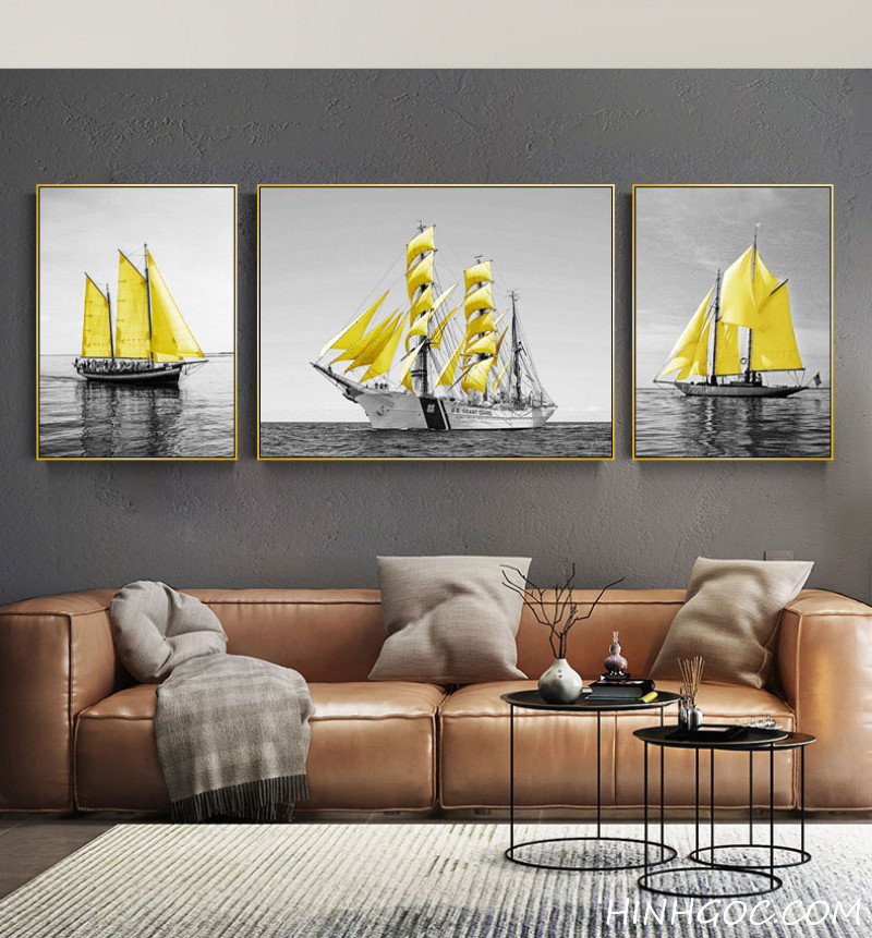 File of Nordic paintings of yellow sails on a black and white sea background - TH0002