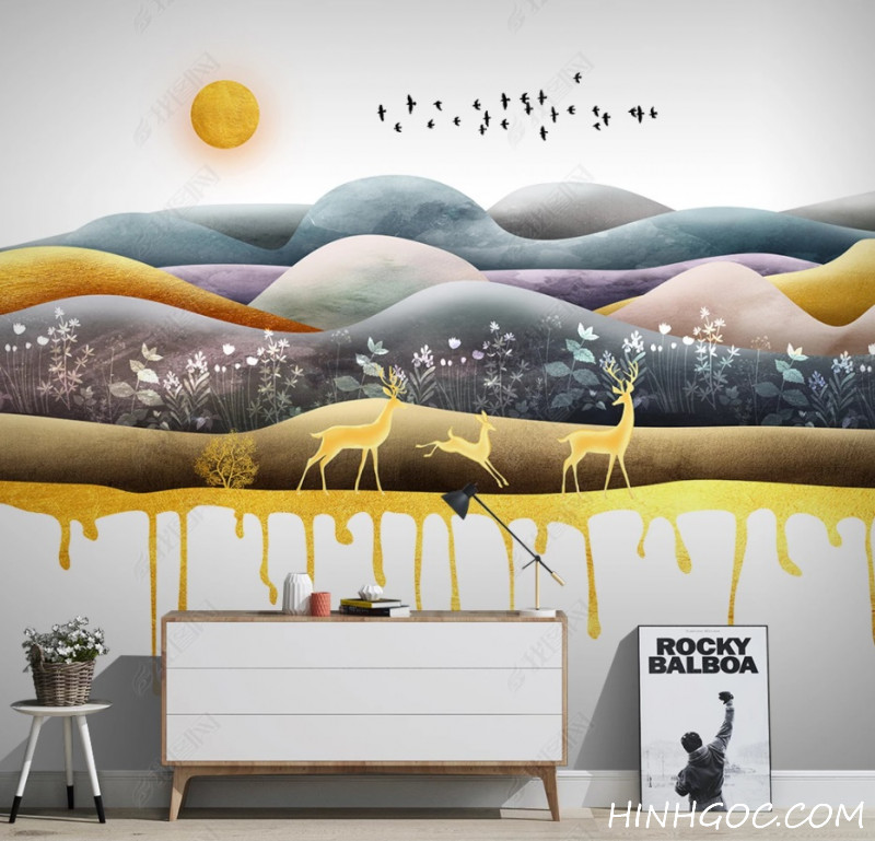 Yellow Ink Deer Landscape Hand Painting File - OP19170324