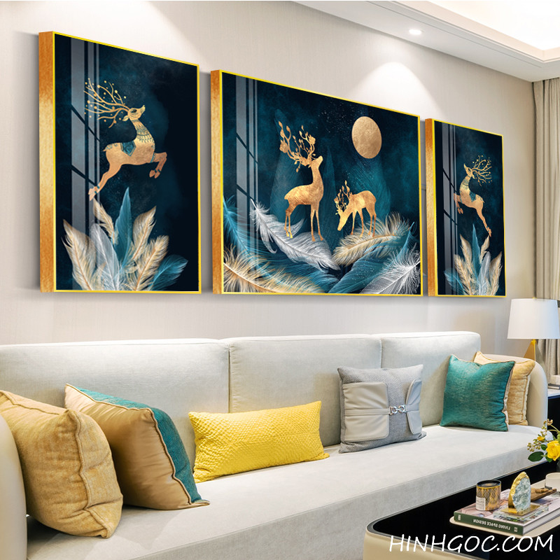 Golden deer painting file on feathers - OP23866292