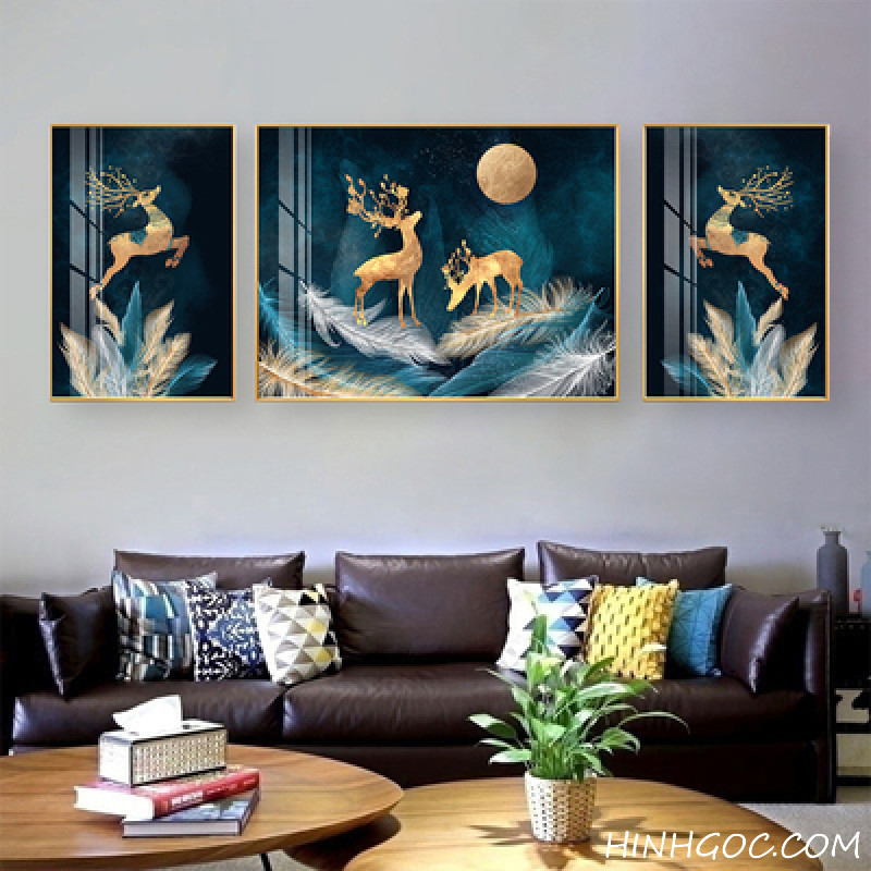 Golden deer painting file on feathers - OP23866292