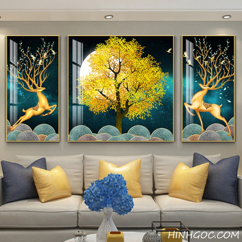 Deer landscape painting file OF fortune tree - OP23777948