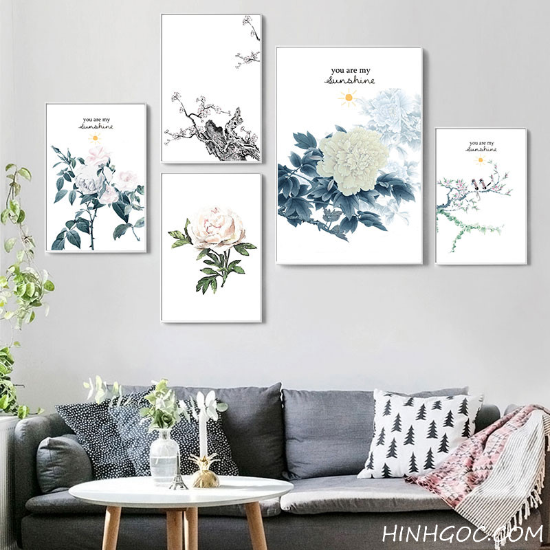 File of 5 paintings combined with hand-painted flowers and leaves - OP17516446