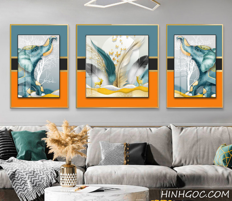 File of deer elephant painting with modern feathers - HQ-016