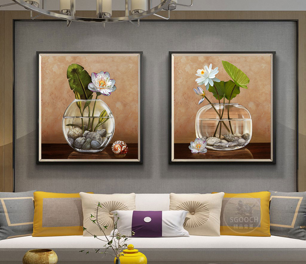 White lotus vase oil painting file - BH0002