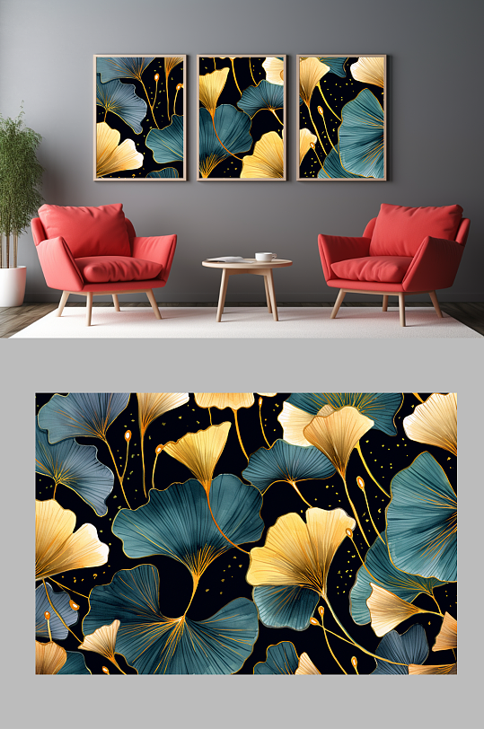 Green Gold European Metallic Ginkgo Leaf Decorative Painting