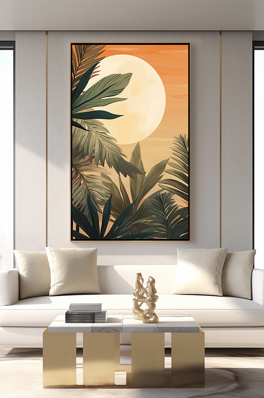 Light luxury indoor greenery Gilded geometric cutting Living room decorative painting