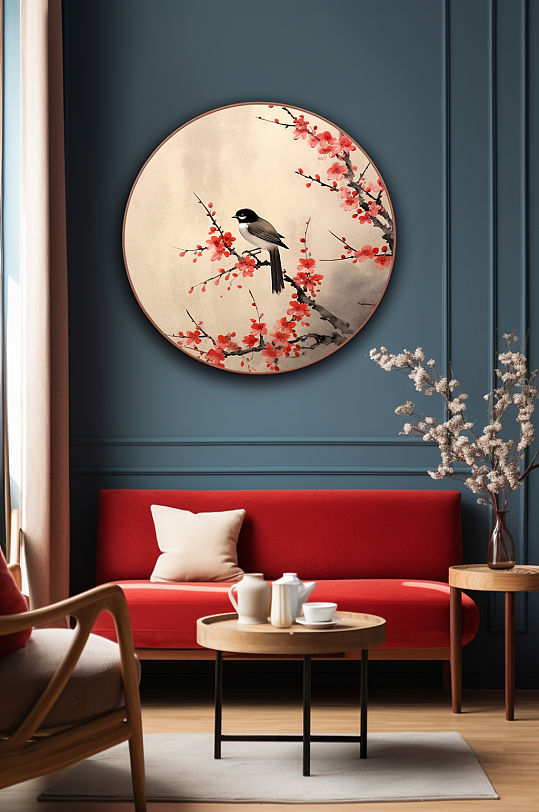 Inked plum tree branches flowers and birds interior decoration painting