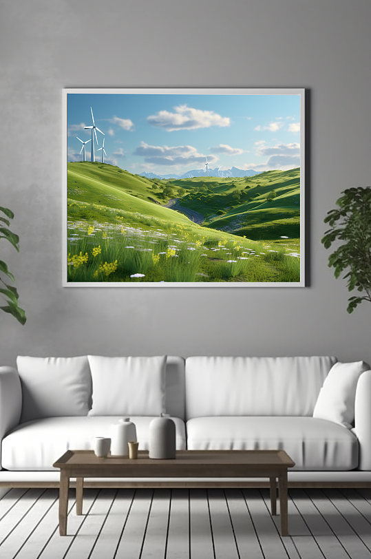 Blue sky, white clouds, green landscape, decorative painting