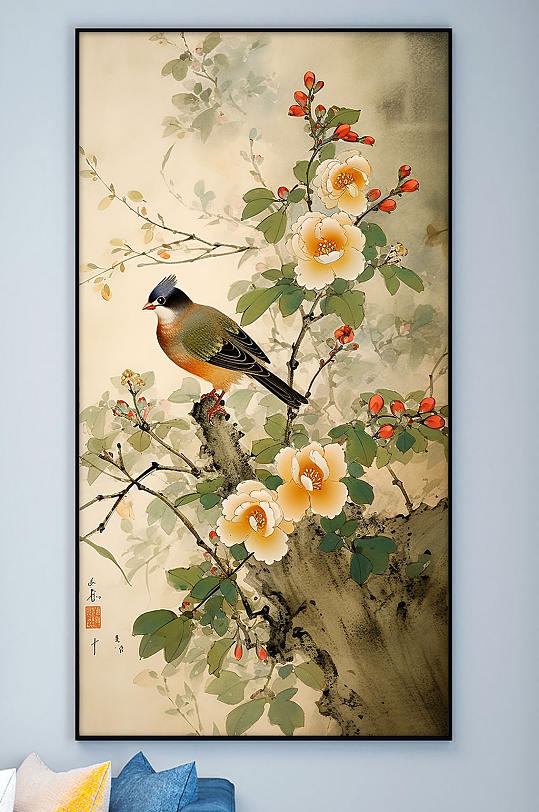 Chinese decorative painting with red ears and yellow peony pen