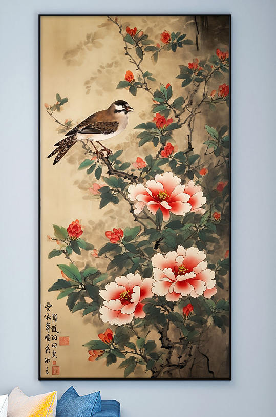 Chinese decorative painting with sparrow red peony flower pen