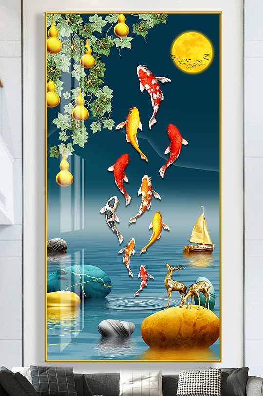 Light Luxury Nine Fish Figure Year-round Fish Elk Landscape Decorative Painting