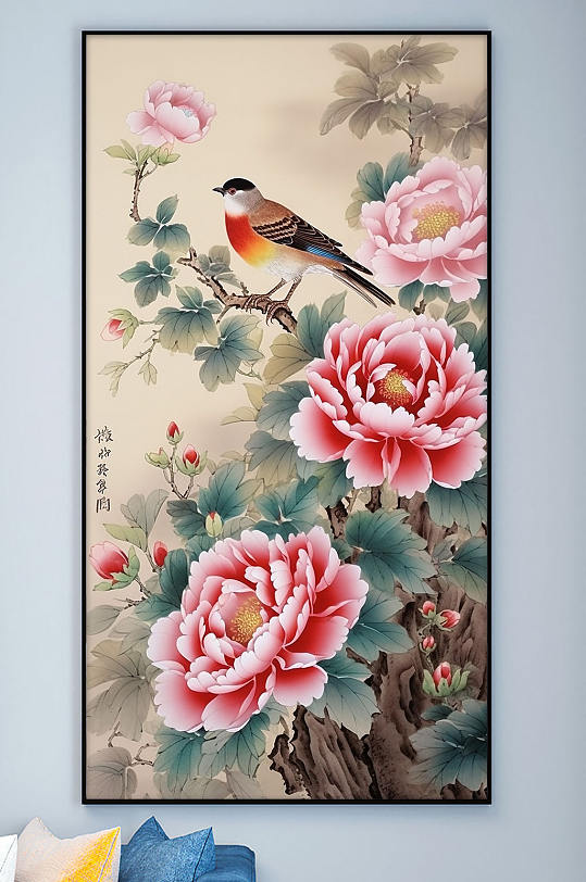 Brown Bird Peony Flower Pencil Chinese Decorative Painting