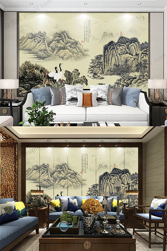 Vintage Chinese landscape painting background wall