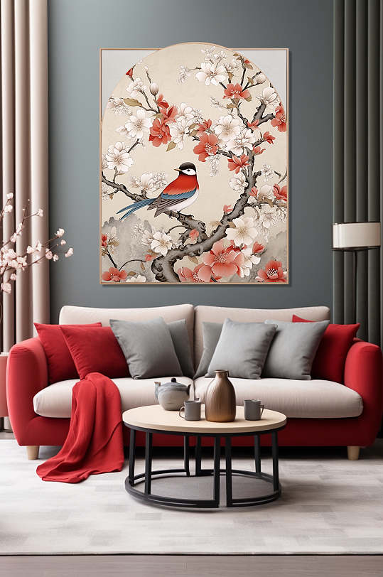 Interior decorative painting of hand-painted plum blossoms, branches, flowers and birds