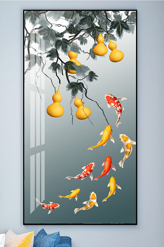 Five Blessings Linmen Nine Fish Figure Golden Gourd Decorative Painting Entrance