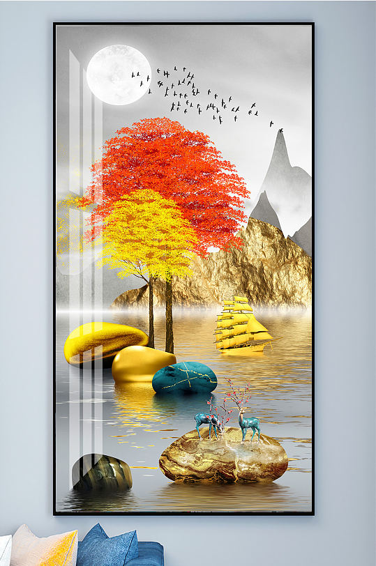 Elk Mountain and Water Stone to Run Decorative Painting Entrance Atmospheric Mountains and Rivers