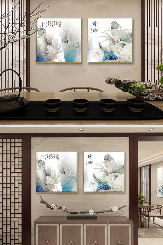 New Luxury Chinese Zen Elegant Ink Lotus Decorative Painting