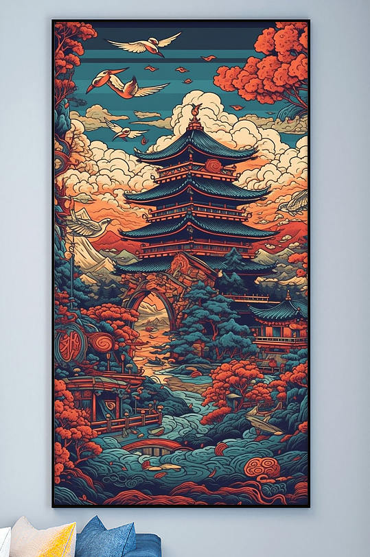 Vintage National Trends Chinese Style Tower Building Decoration Painting