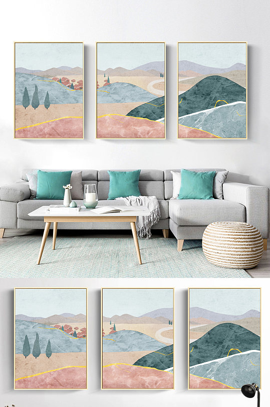 Abstract small fresh living room triptych