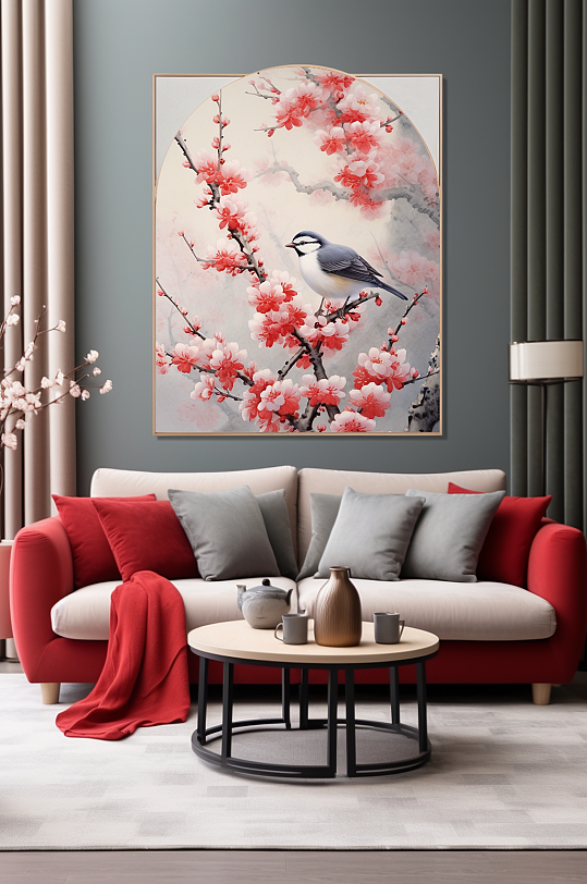 Hand-painted Chinese-style plum blossom tree branch flower bird interior decoration painting