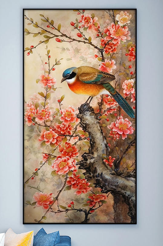 Chinese decorative painting with a canary red floral pen