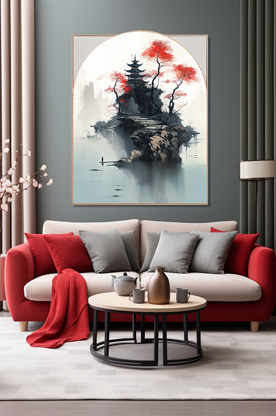 Mood Red New Chinese Ink Decorative Interior Painting