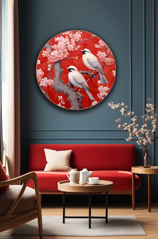 Red Plum Tree Branch Flower Bird Interior Decoration Painting