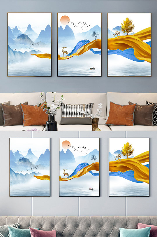 Simple New Chinese Style Golden Landscape Painting Decorative Painting