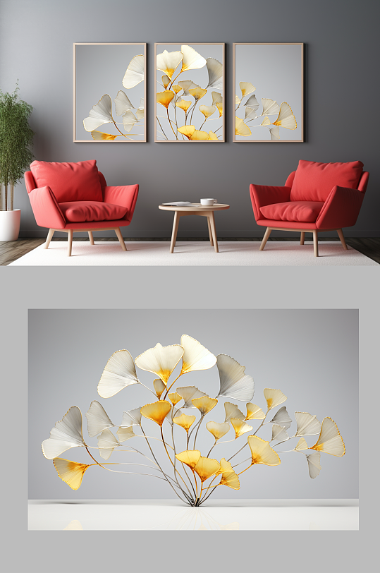 Metallic Texture Simple Luxury Ginkgo Leaf Interior Decoration Painting