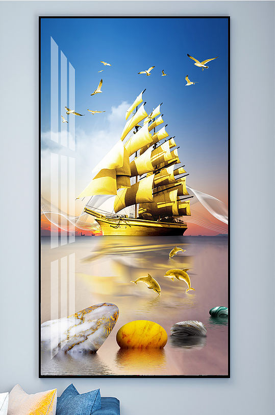 A sailing smooth golden sailboat decorative painting entrance