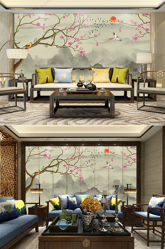 Modern Simple New Chinese Magnolia Flower Pen Flower Bird Background Wall Decoration Painting