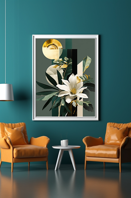 Interior decorative painting of geometric stitching of green plants and flowers