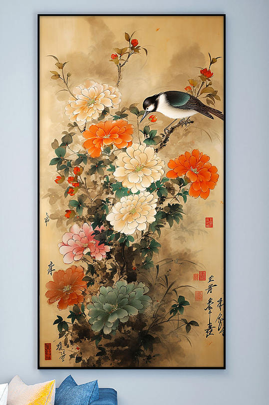 Magpie Peony Flower Pencil Chinese Decorative Painting