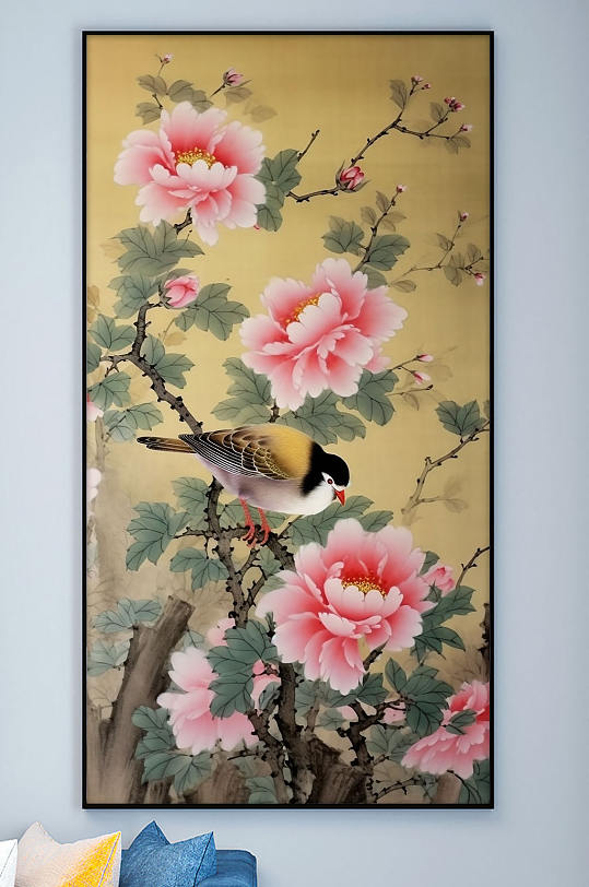 Sparrow Pink Peony Flower Pencil Chinese Decorative Painting