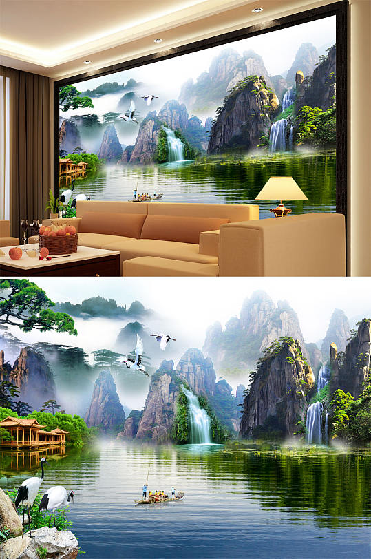 Landscape painting Alpine crane welcome pine background wall