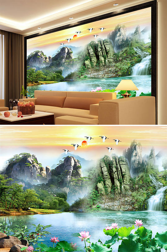 Landscape painting Alpine flowing lotus crane background wall