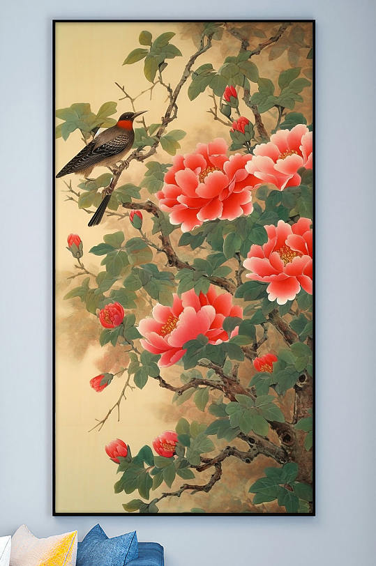 Chinese Floral Branches Magpie Pen Decorative Painting
