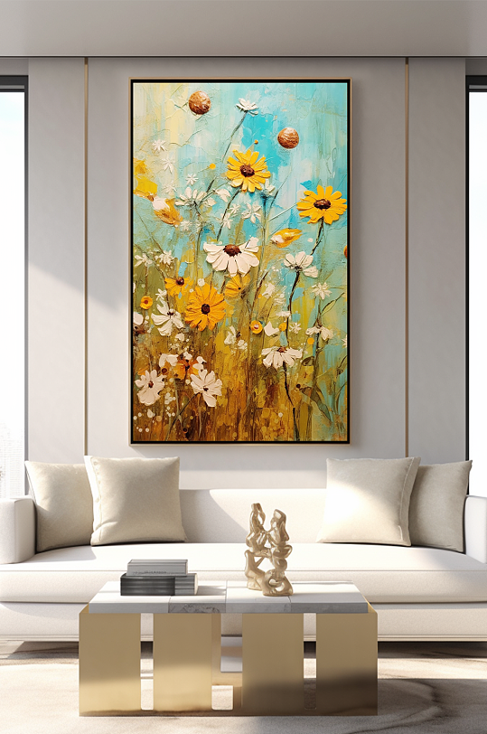 Scraper texture Three-dimensional small daisy oil painting style living room decorative painting