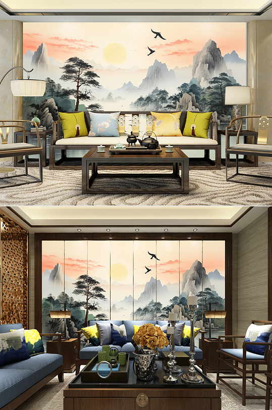 New Chinese-style welcome pine landscape painting decorative painting TV background wall