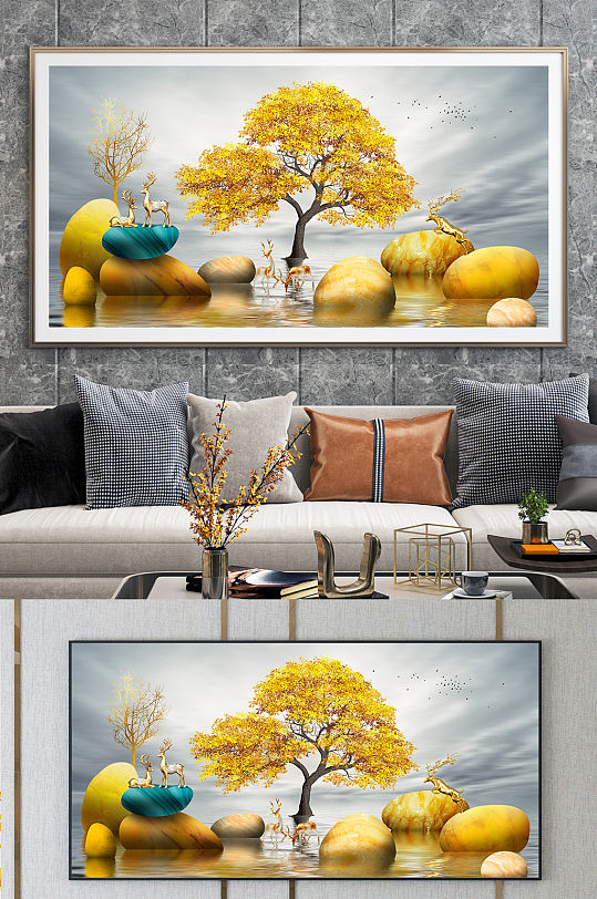 Landscape decorative painting of golden elk in stone