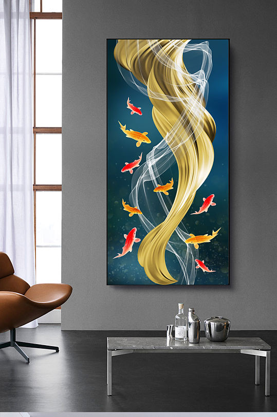 Modern Light Luxury Abstract Gold Line Landscape Nine Fish Picture Entrance Decorative Painting