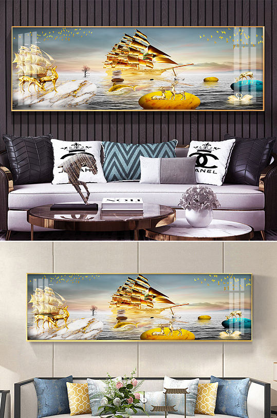 Elk Sailboat Golden Landscape Decorative Painting