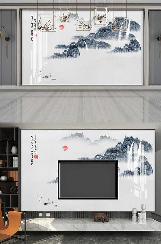 New Chinese Zen landscape background wall