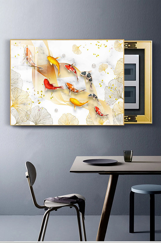 Modern Light Luxury Gold Nine Fish Ginkgo Leaf Foil Electric Meter Box Painting