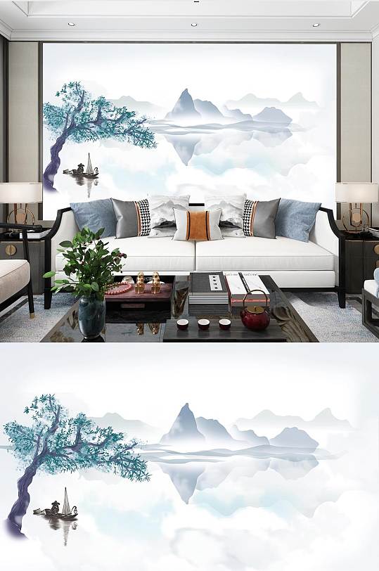 chinese landscape painting background wall sofa tv background wall